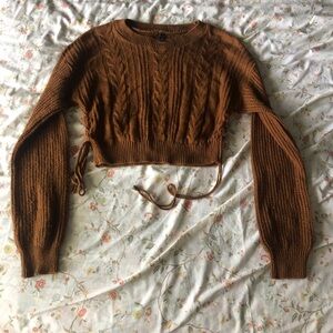 4/$25 Brown cropped knit sweater with tie detail